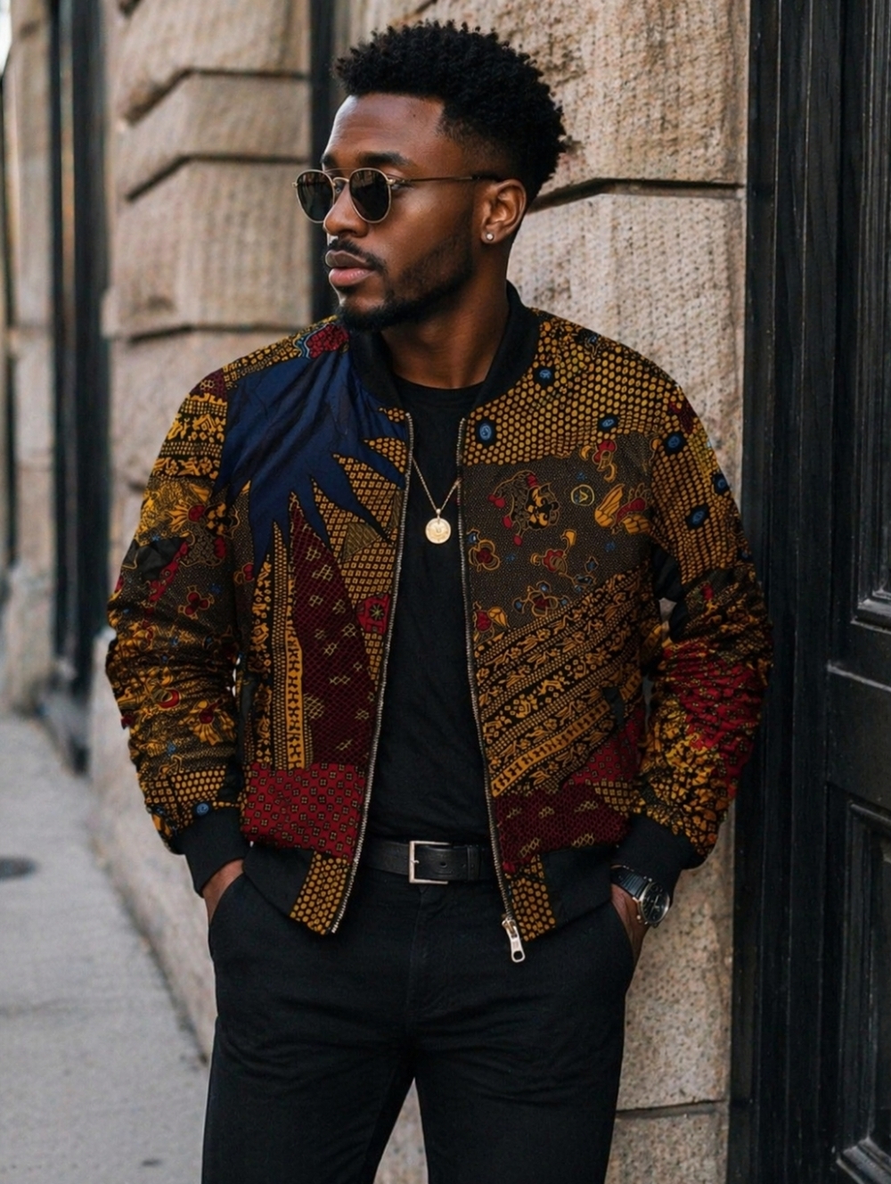 D'IYANU Printed Zip-Up Jacket in Black, Navy, Red and Yellow